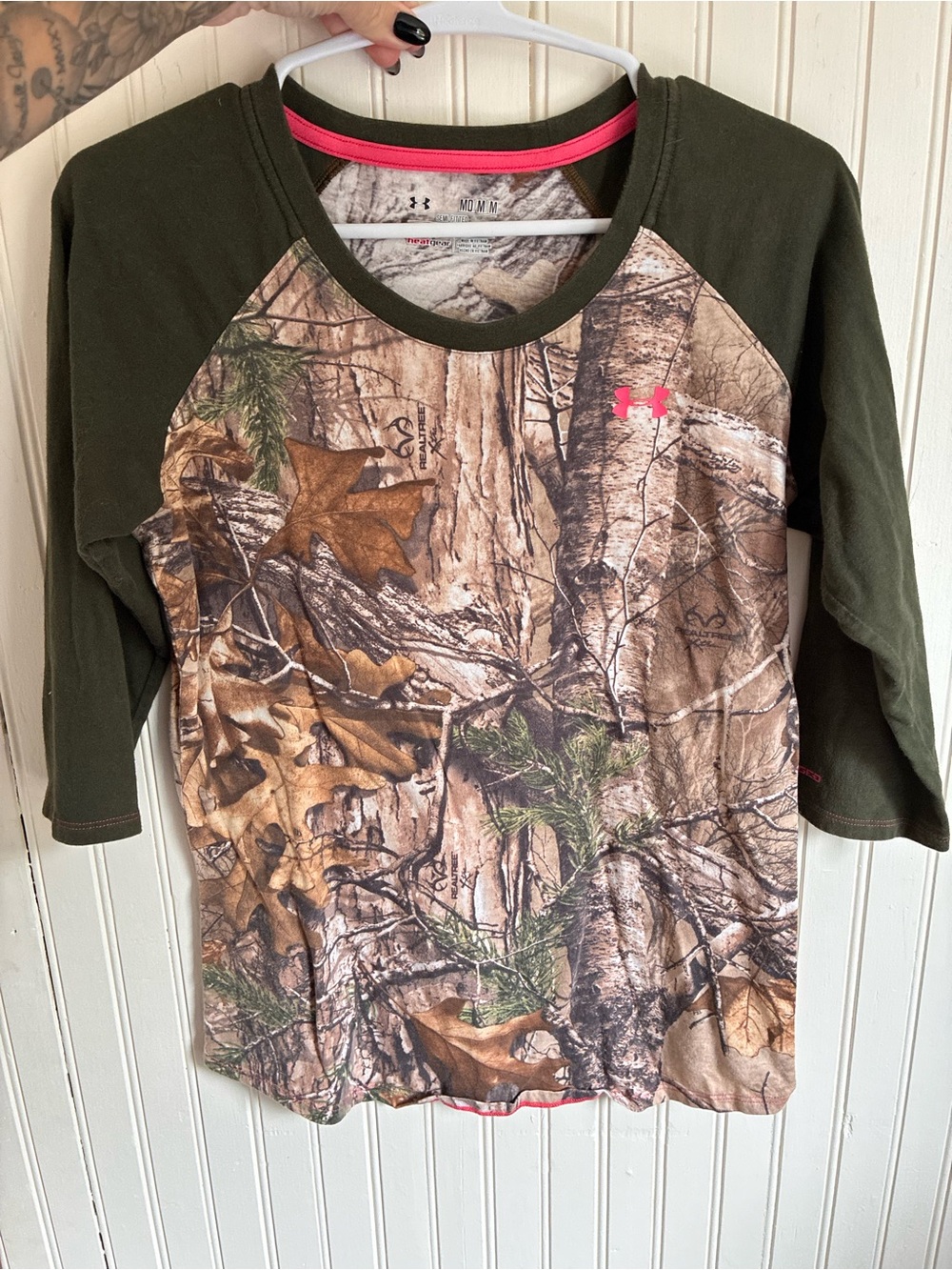 Under Armour Olive Green Camo Raglan Tee with Pink Logo